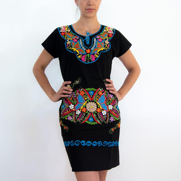 Vintage Dress with Mexican Embroidered Flowers