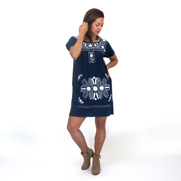 Boho Chic Navy Blue Dress with White Flowers